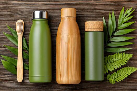eco friendly reusable bottles and bamboo toothbrush for sustainability photo